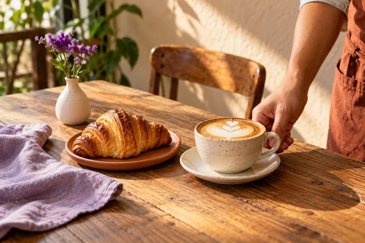 Cappuccino e croissant em uma mesa de madeira com flores lilás