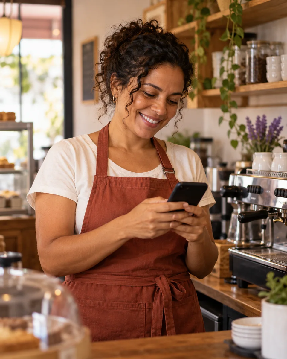 Empreendedora sorrindo enquanto usa o celular no balcão de sua cafeteria